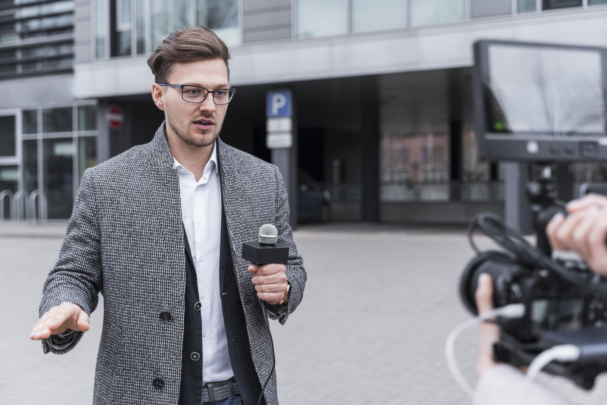high angle journalist working